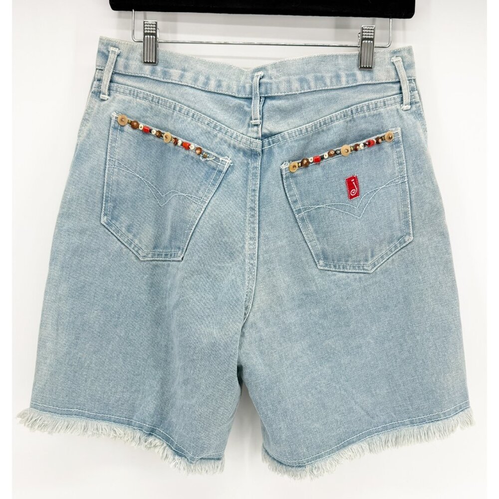 JOU JOU VTG 80s Denim Blue Embellished Long Jean Short 11/12 - Picture 4 of 13
